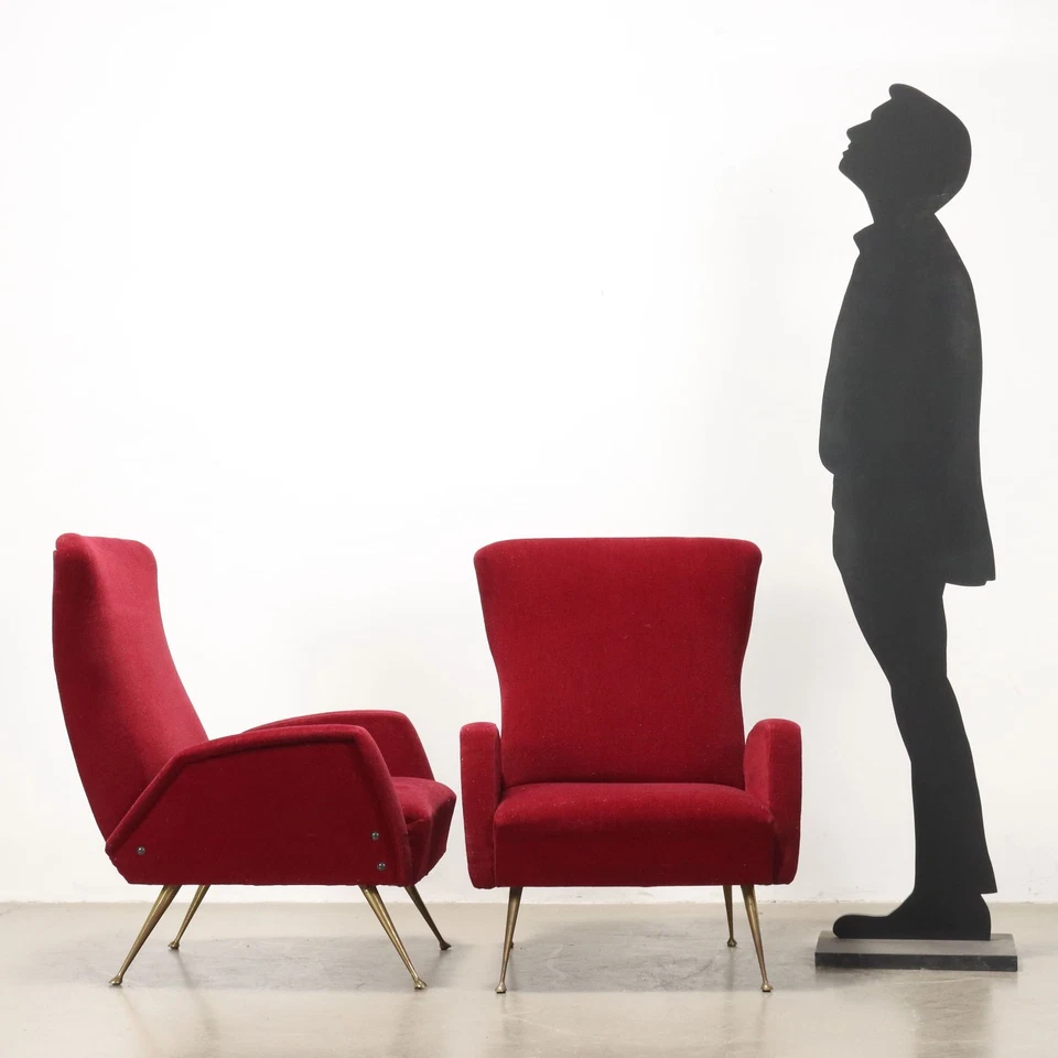 Sillones Vintage Tela Roja Espuma Latón Diseño Italia Años 50 Originales Foto 2 de 4