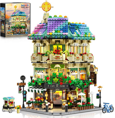 Flower Cafe House Building Set with Lights, 1876 PCS City Street Corner Shop Con