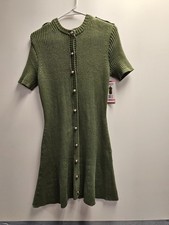 French Connection Olive Green Ribbed Knit Button Front Short Sleeve Dress