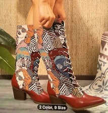 Chic Women's Embroidered Mid-Calf Boots With Chunky Heel- Pointed Toe Lace Up