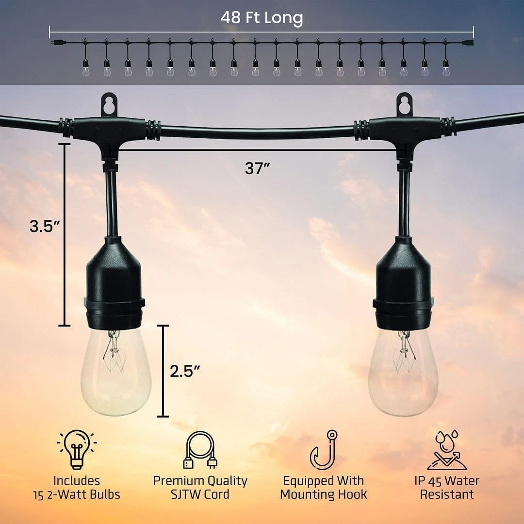48Feet Outdoor String Lights with 15Hanging E26 Bulbs for Porch Balcony Backyard
Opens in a new wind