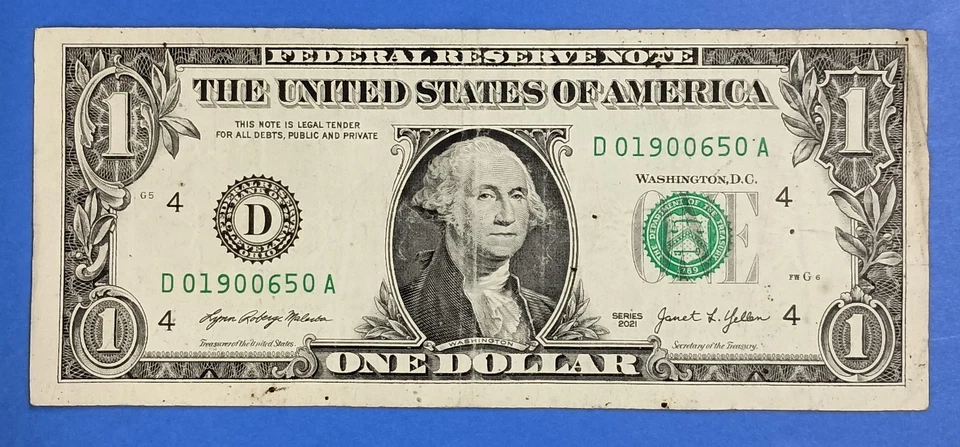 D01900650A $1 Birth Date Year Note 1965 Fancy Serial Number One Dollar Bill 2021 - Image 2 of 3