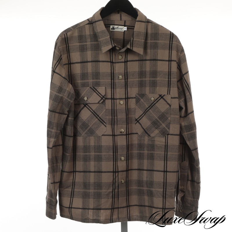 Manresa Taupe Khaki Linen Blend Textured Black Check Button Down Summer Shirt S
