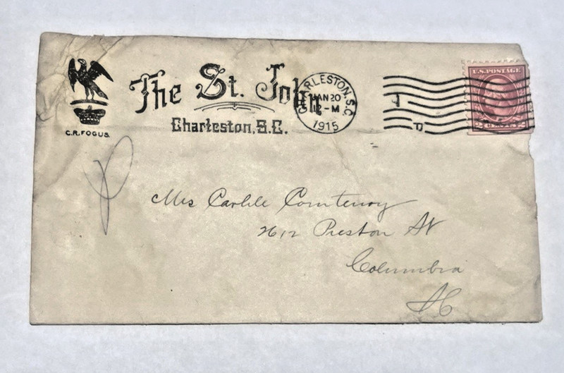 US SC 425 CHARLESTON, SC POSTAL HISTORY COVER 1915 (THE ST. JOHN)