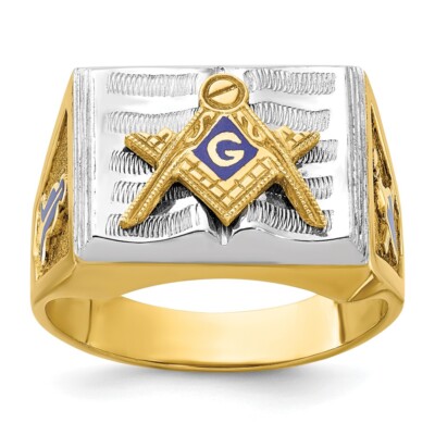 10k Two-Tone Gold Men's Textured Blue Enamel Master Masonic Ring