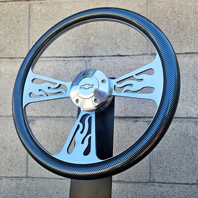 14" Sharp Billet Steering Wheel With Chevy Horn & Carbon Fiber Look | Gray | Aluminum | 14 In - Foto 2