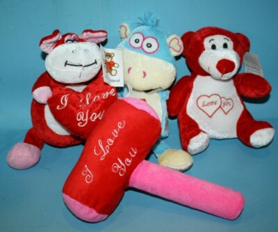 Mardi Gras Valentines Plush Appeal Stuffed Animal Cow Monkey Bear Soft Toy Lot 4