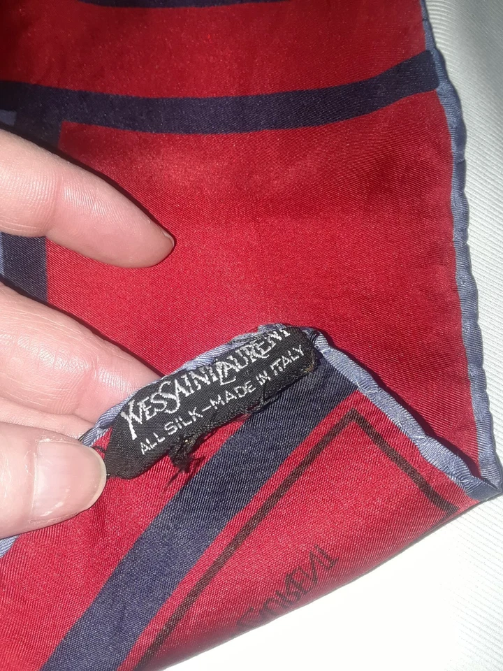 Vintage Yves Saint Laurent Red Blue Geometric 100% Silk 18" Pocket Square Italy - Image 3 of 4