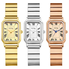 Women's Classic Rectangular Stainless Steel Quartz Wrist Watch Roman Numerals