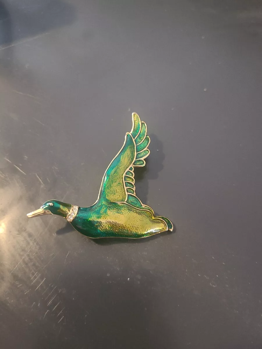 High End Jewelry Duck Goose Brooch PIn Bird In Flight Blue Green Enamel Wings