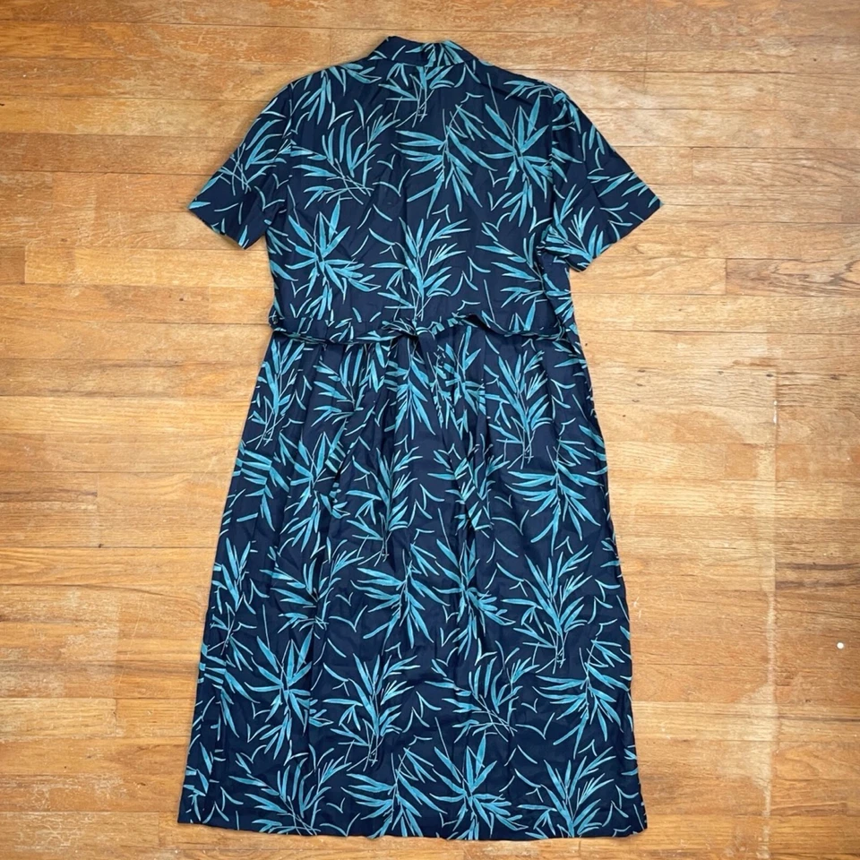 Vestido camisero midi vintage hoja de palma talla grande años 80 azul floral rayón Foto 3 de 4