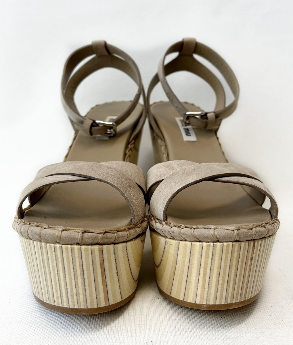 MIU MIU Taupe Grey Wood Wedge Sandals 37.5 Platforms 7.5