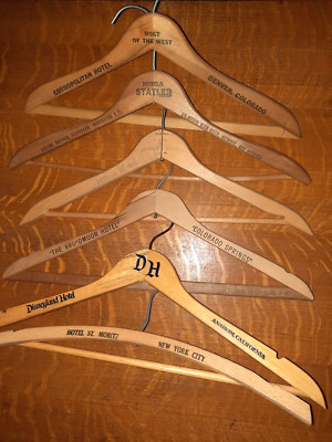 Lot of 6 Wooden Hotel Hangars: Disney, Hilton, Broadmoor, St. Moritz, et al