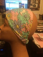 Retro Flower Power Blue/Pink/Lilac 5.2"W Cotton Headband w/ elasticized back