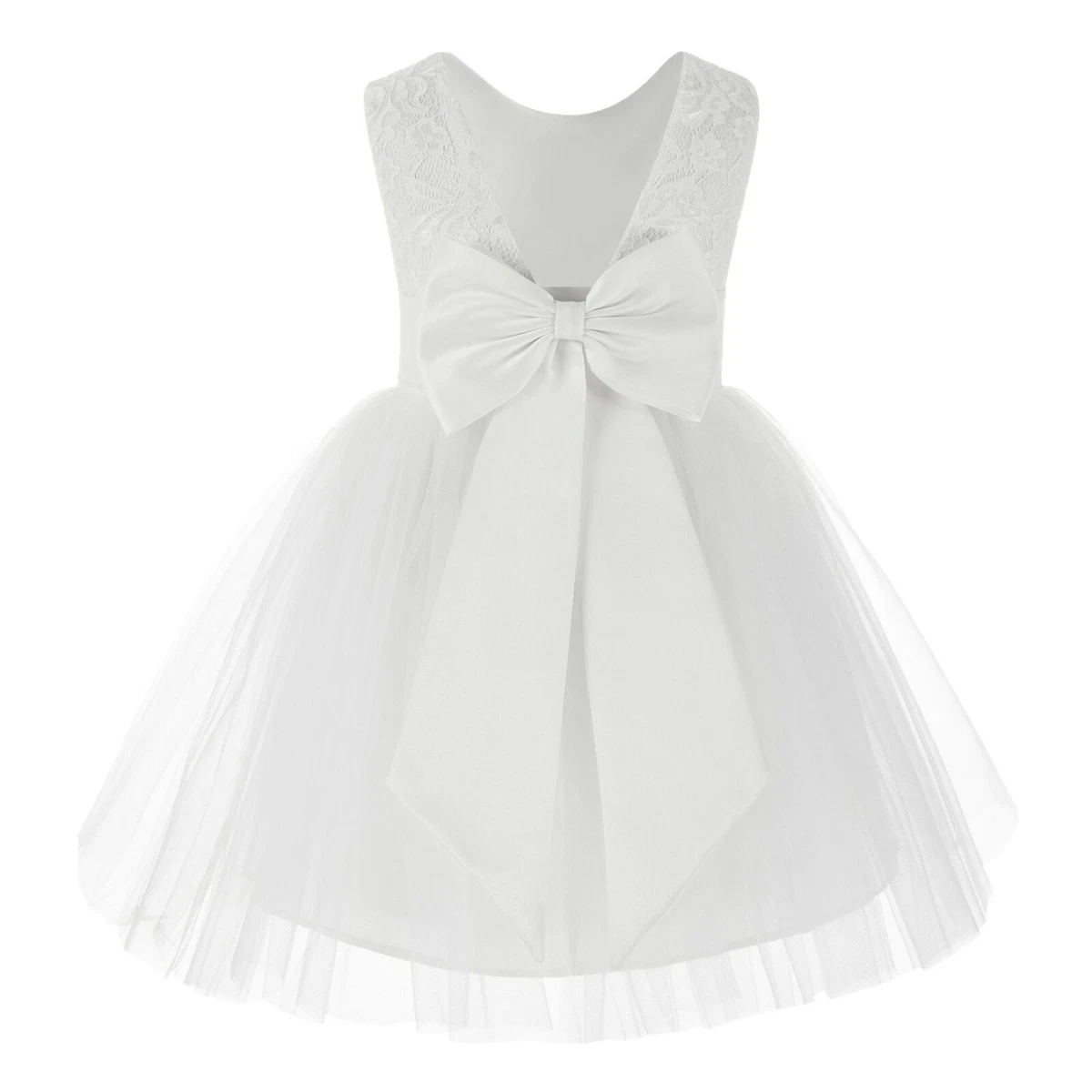 green emerald velvet dress A-Line Ivory Satin Knee Length Flower Girl Dress, Navy Blue Belt / Bow 8T --- Chest = 27 inches/ Waist = 26 inches/ Hollow to Knee = 27.5 Inches main image 1