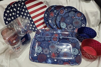 Set of 16 Kohls Celebrate Together Americana Fireworks America Plates Cups Trays