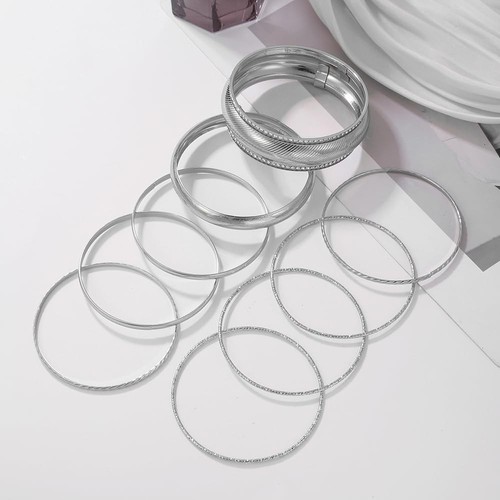 10 Stck. Silber Armreif Armbänder Set für Frauen - Mehrlagig Stapelbar Strukturiert Chu - Bild 4 von 5