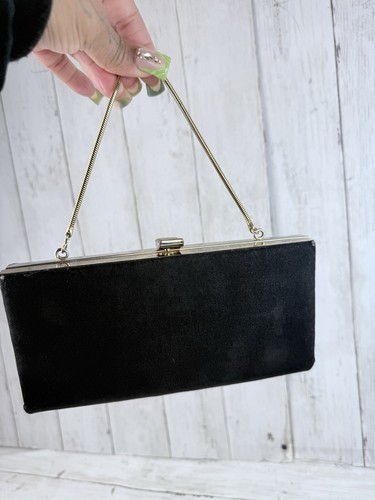 Vintage 80s Black & Gold Chain Strap Fabric Clutch Evening Wear Rectangle Small - Picture 3 of 12