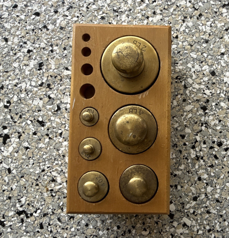 Brass Calibration Scale Weight Set w/ Wooden Block 2 lb 1 lb 8-1 oz Lab