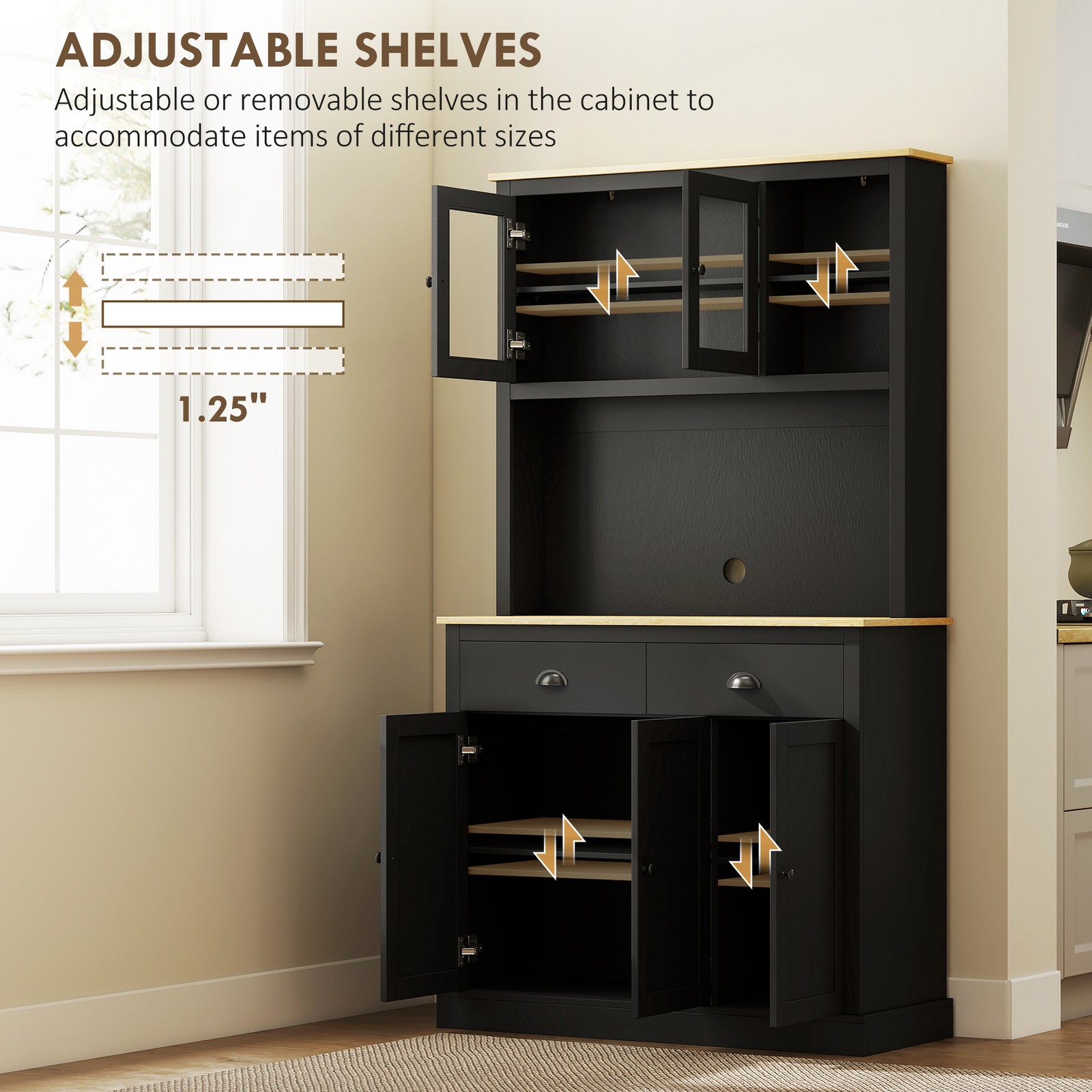 Kitchen Cabinet with Microwave Stand, 71" Pantry Cabinet, Black