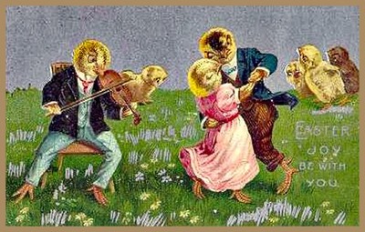 Easter ~ Dressed Chick Playing Fiddle Others Dancing  ~ Postcard COPY #10919