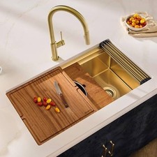 33x22 IN Gold Flying Rain Stainles Steel Watefall Kitchen Sink w PullDown Faucet