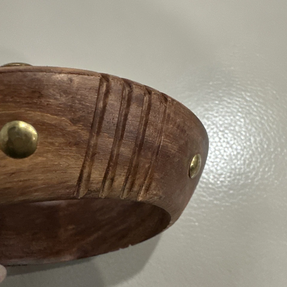 Wood Bangle Bracelet Brown Brass Copper Accents Boho Hippie Wide Chunky Bangle - Image 3 of 4