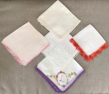 Vtg Linen and Cotton Hankies Handkerchiefs w/Tatting Tatted Edges, Lot of 5
