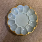Vtg Anchor Hocking Delphite Blue Deviled Egg Serving Plate Glass GoldTrim