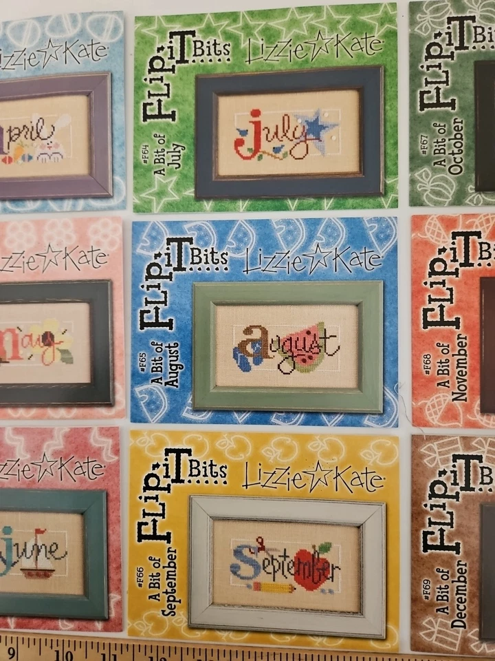 LOT OF 12 Lizzie Kate JAN-DEC MONTH Flip-It Bits Cross Stitch Patterns & Buttons - Image 4 of 4