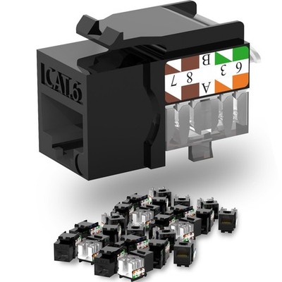 25 Pack Cat6 Keystone Jack Slim 90 Degree RJ45 Black Punch Down Wall Plate