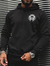 Men'S Black Hoodie with White Lion Head  Smiling Face Graphic Back Print - Soft