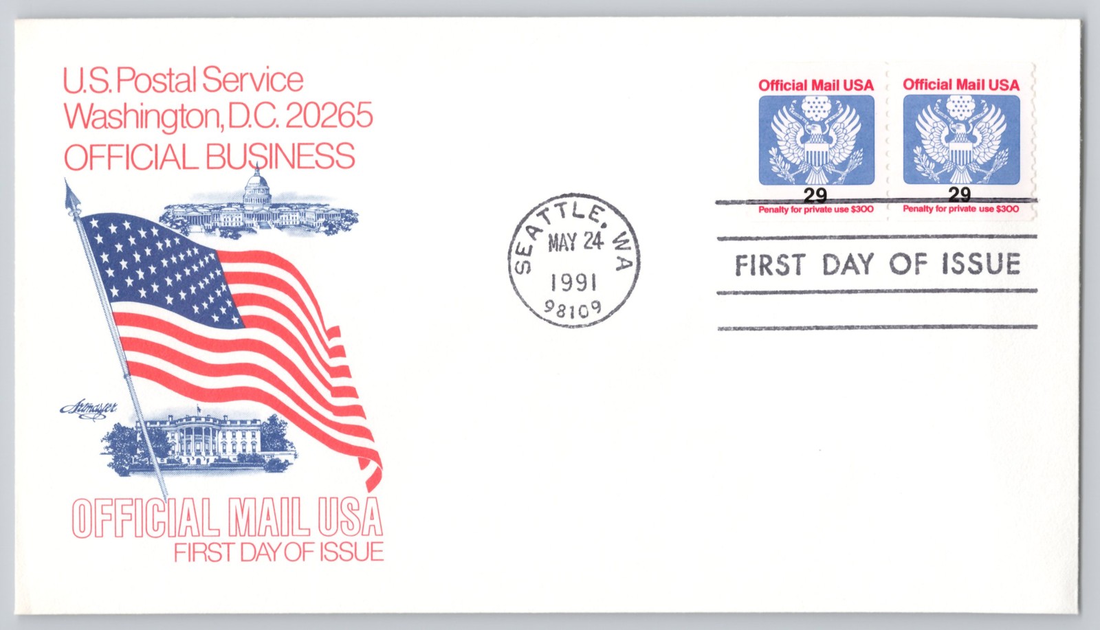 Seattle, WA Official Mail First Day, 29c Stamps, Modern 1991 Official Mail