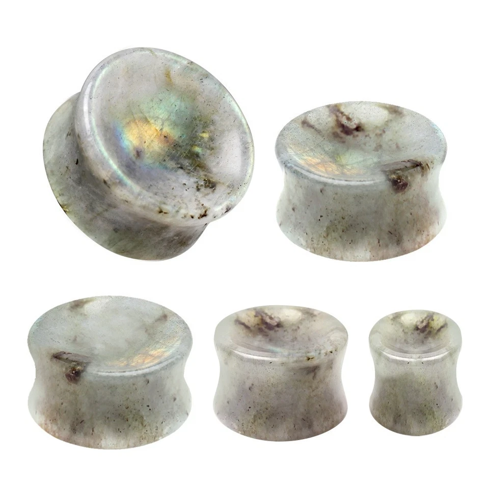 PAIR of Natural White Labradorite Concave Stone Saddle Plug - Image 2 of 4