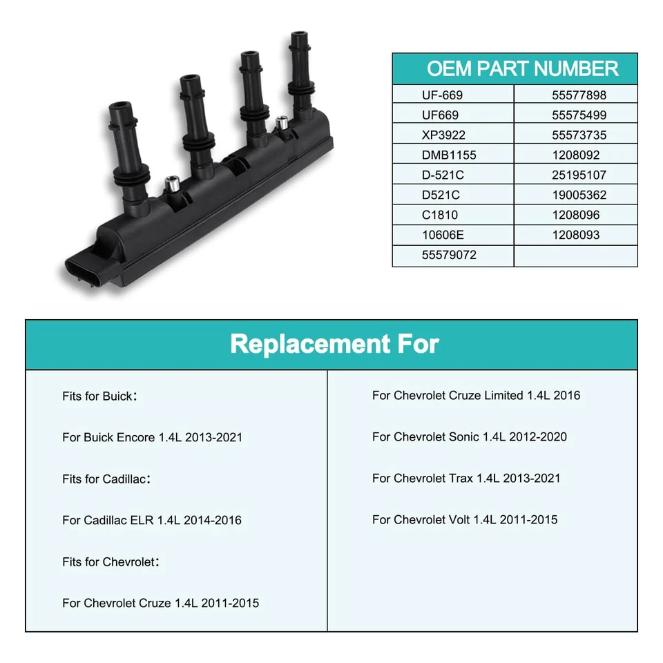 Ignition Bobinas Pack Fits Chevy Cruze L4 1.4L Sonic Trax Volt Cadillac ELR Buic - Image 3 of 4