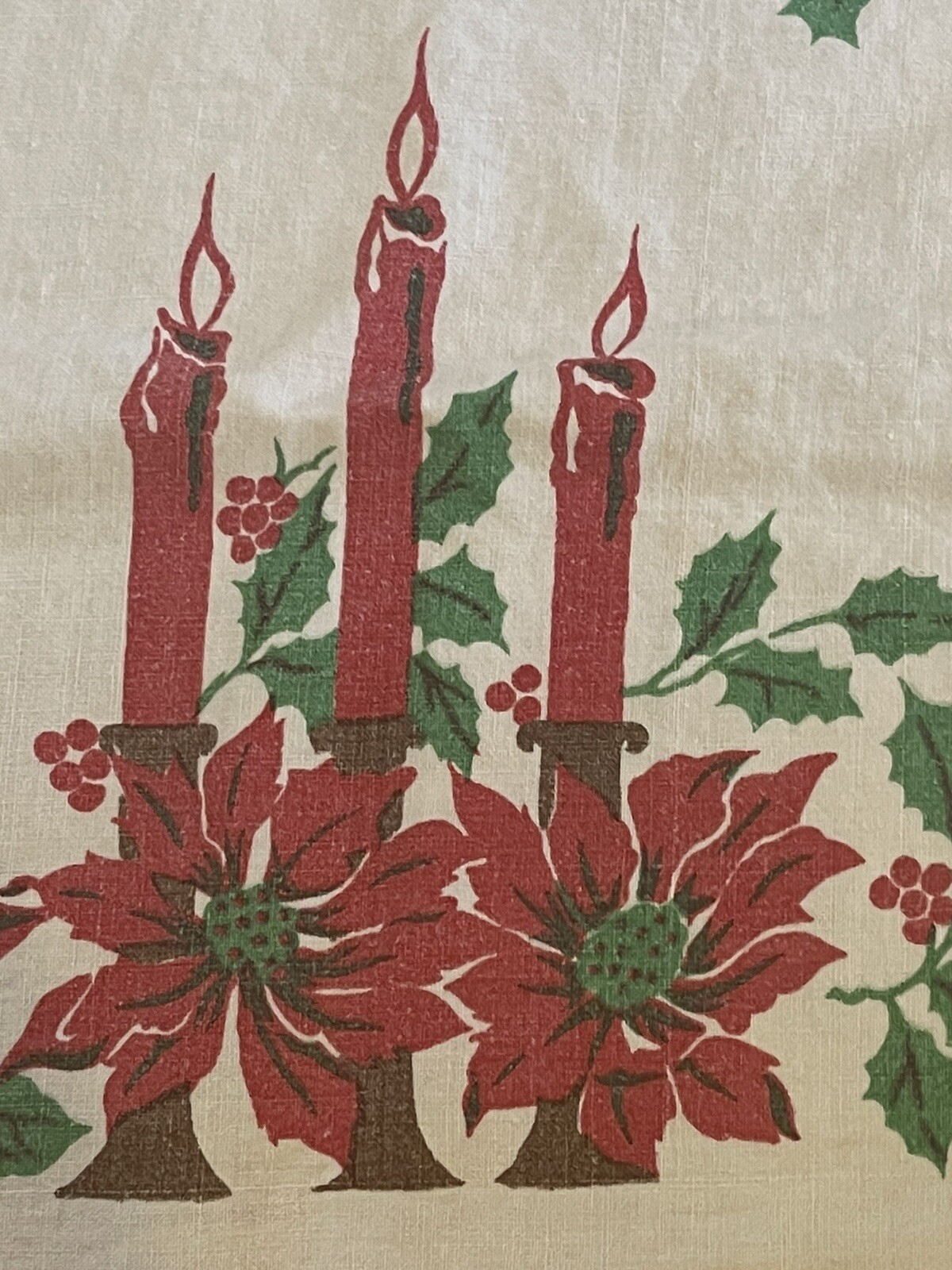 Vintage 50s Christmas Tablecloth 48 x 60 Candles Poinsettias Linen No