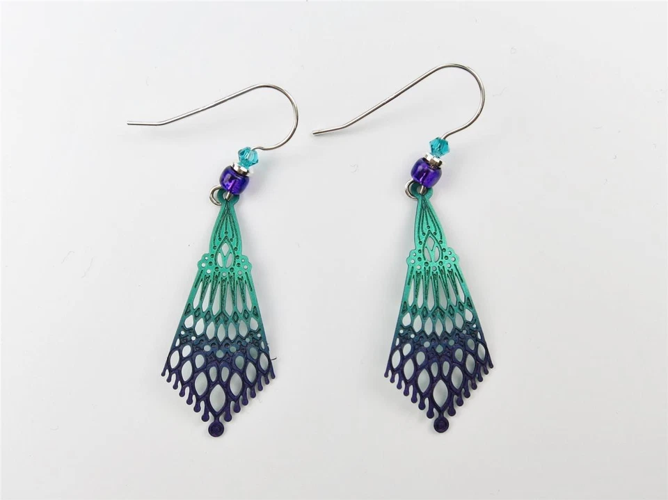 Pendientes Adajio Verde Profundo y Violeta Detalle 'Persa' Gota Hechos a Mano en EE. UU. 7523 Foto 3 de 4