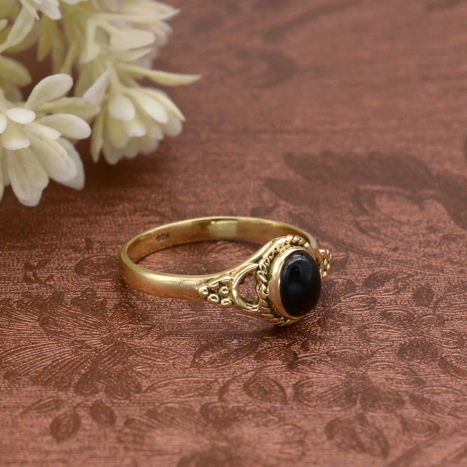 Black Onyx Ring Brass Gold Women Ring Promise Engagement Ring Gift For mother - Image 4 of 4