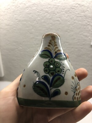 Vintage Erandi Tonala Mexican Art Pottery Bud Vase Blue Green Floral