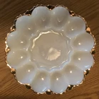 Vintage Anchor Hocking Milk Glass Deviled Egg Plate with Gold Trim - 9.75" Diam.