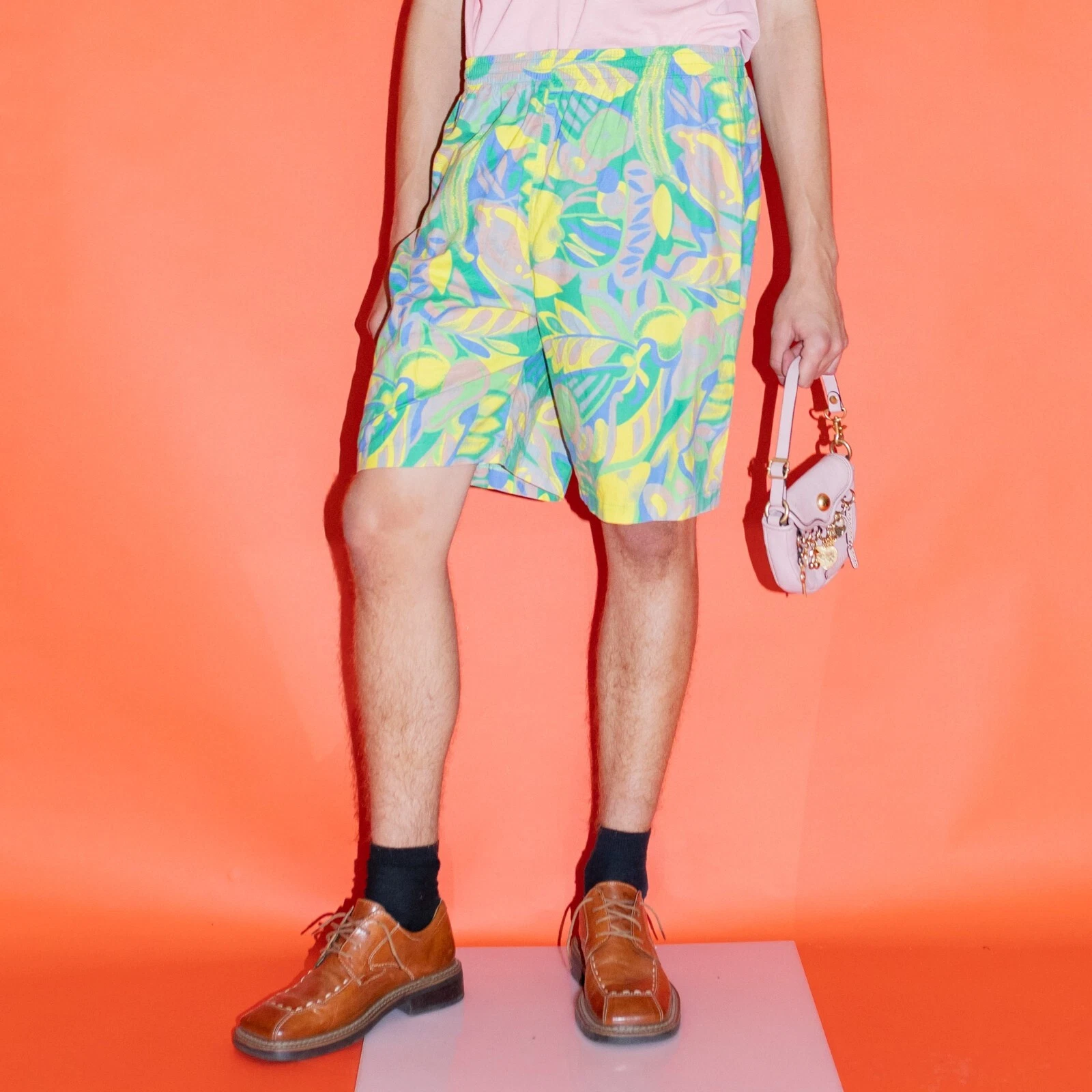 Vintage 90's retro chill abstract boardshorts in green & yellow