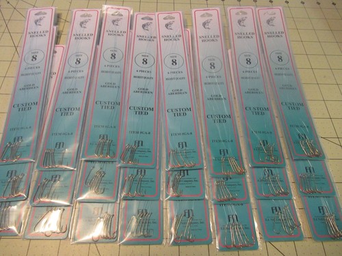 144 SNELLED FISH HOOKS (24 PKS X 6 EA) GOLD ABERDEEN HOOK MONO LEADER 7" PICK SZ - Picture 8 of 9