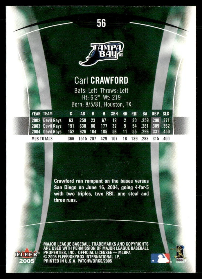 2005 Fleer Patchworks - Carl Crawford #56 - Image 2 of 2