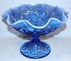 LARGE VINTAGE FENTON ART GLASS COLONIAL BLUE OPALESCENT TULIP/WATER LILY COMPOTE
