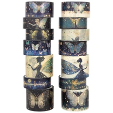 14 Rolls Washi Tape Set - Gold Foil Green Fairy Decorative Masking Tape Butterfl