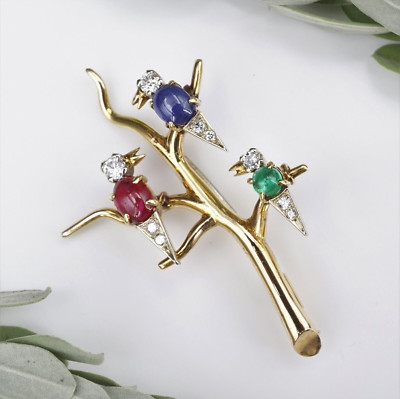 Van Cleef & Arpels VCA 18k Gold Ruby Sapphire Emerald Bird Brooch Pin 2'' OG440