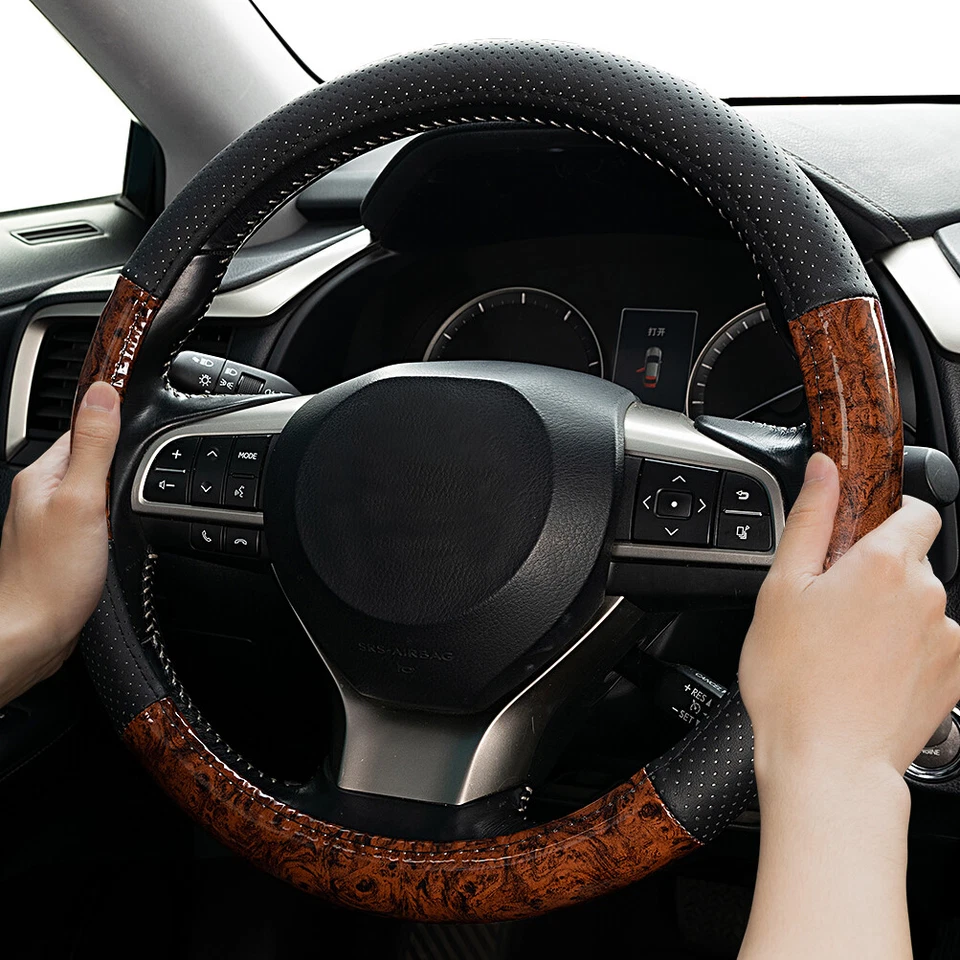 Wood Grain Steering Wheel Cover Leather Anti-Slip Breathable for Car SUV Jeep US - Image 2 of 4