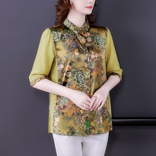Femme Faux Soie Floral T-Shirt Revers Bouton Demi Manche Fentes de Côté Vintage