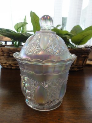 VTG Imperial Glass Carnival Beaded Jewel Covered Candy Dish White Ice Bullseye