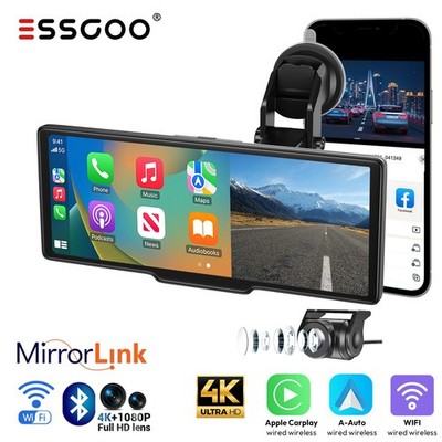 Wireless Carplay & Android Auto Car Stereo with Front 4K Dual Dash Cam Sat Nav